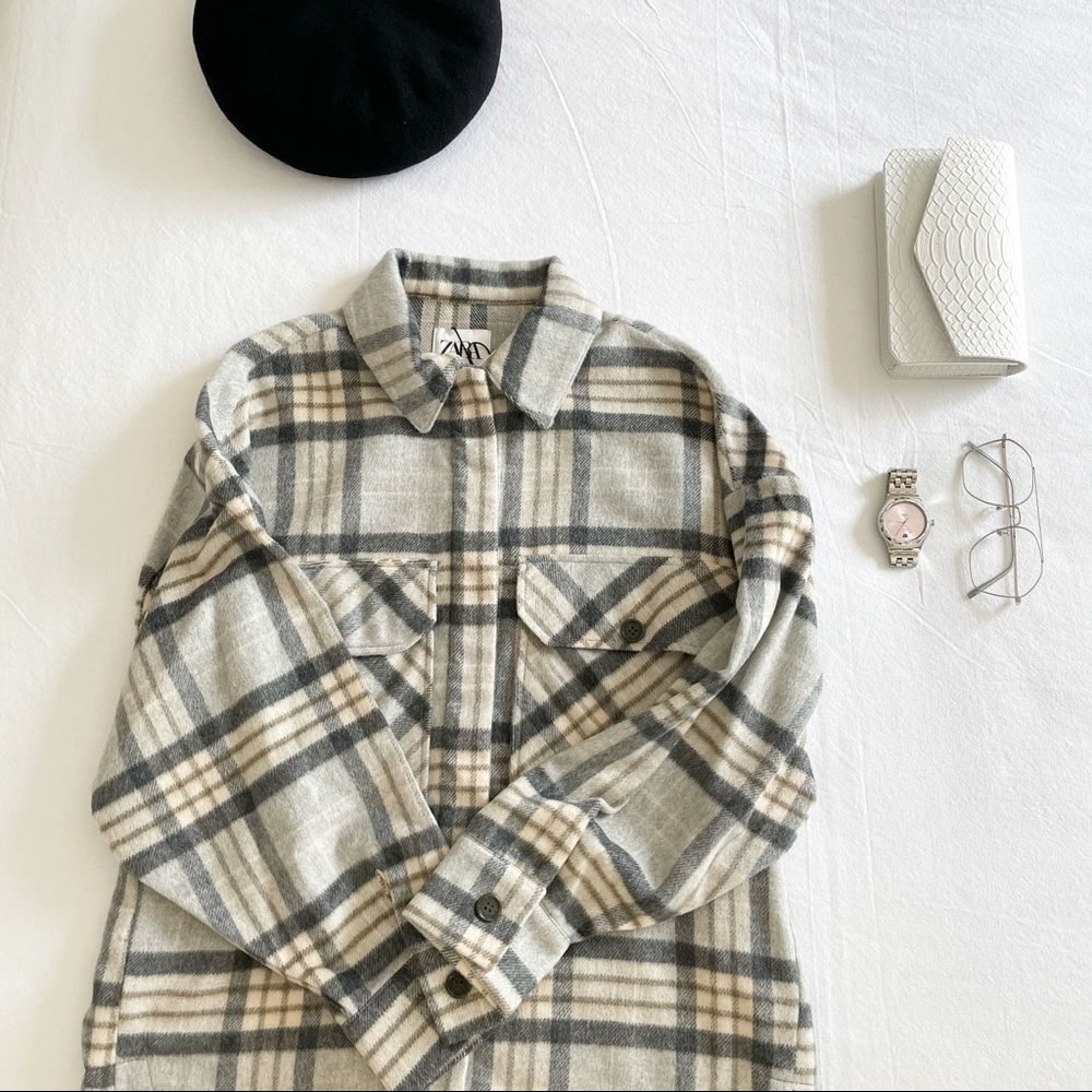 Zara Cream, Gray & Beige Plaid Button-Up Shirt Jacket